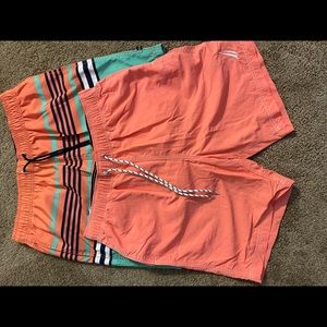 Nautica Men’s Coral and Teal Striped Swim Trunks